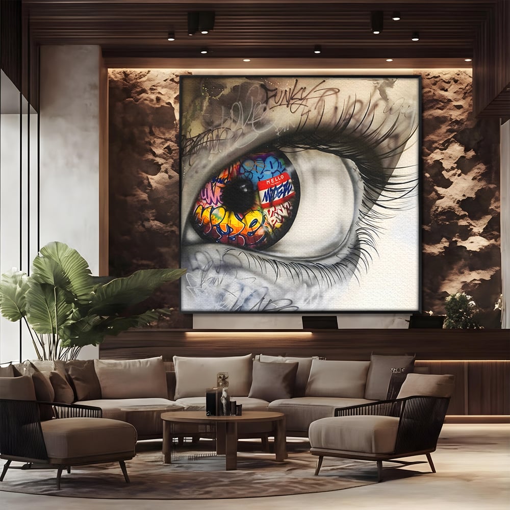 Tablou canvas cu tablou canvas cu ochi uman si graffiti, in rama de aluminiu negru, pe perete intr-un birou